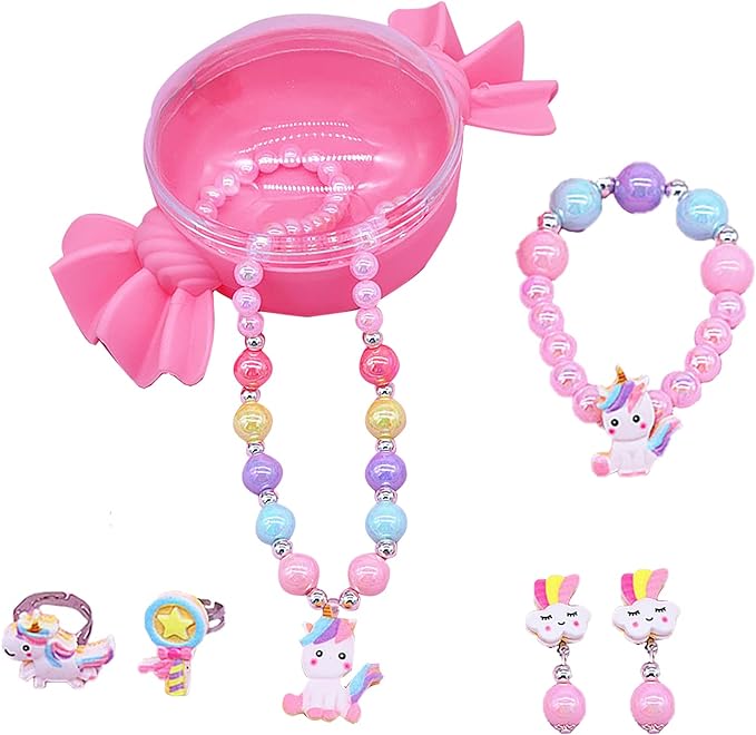 6 PCS Girls Necklaces Bracelets and Rings Earrings Set Unicorn Jewelry for Teen Girls Adjustable Party Favors Pretend Dress Up Play Jewelry